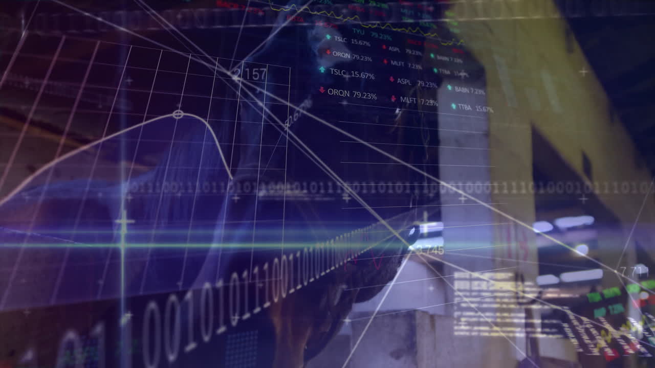 Animation of financial data processing over horse in stable