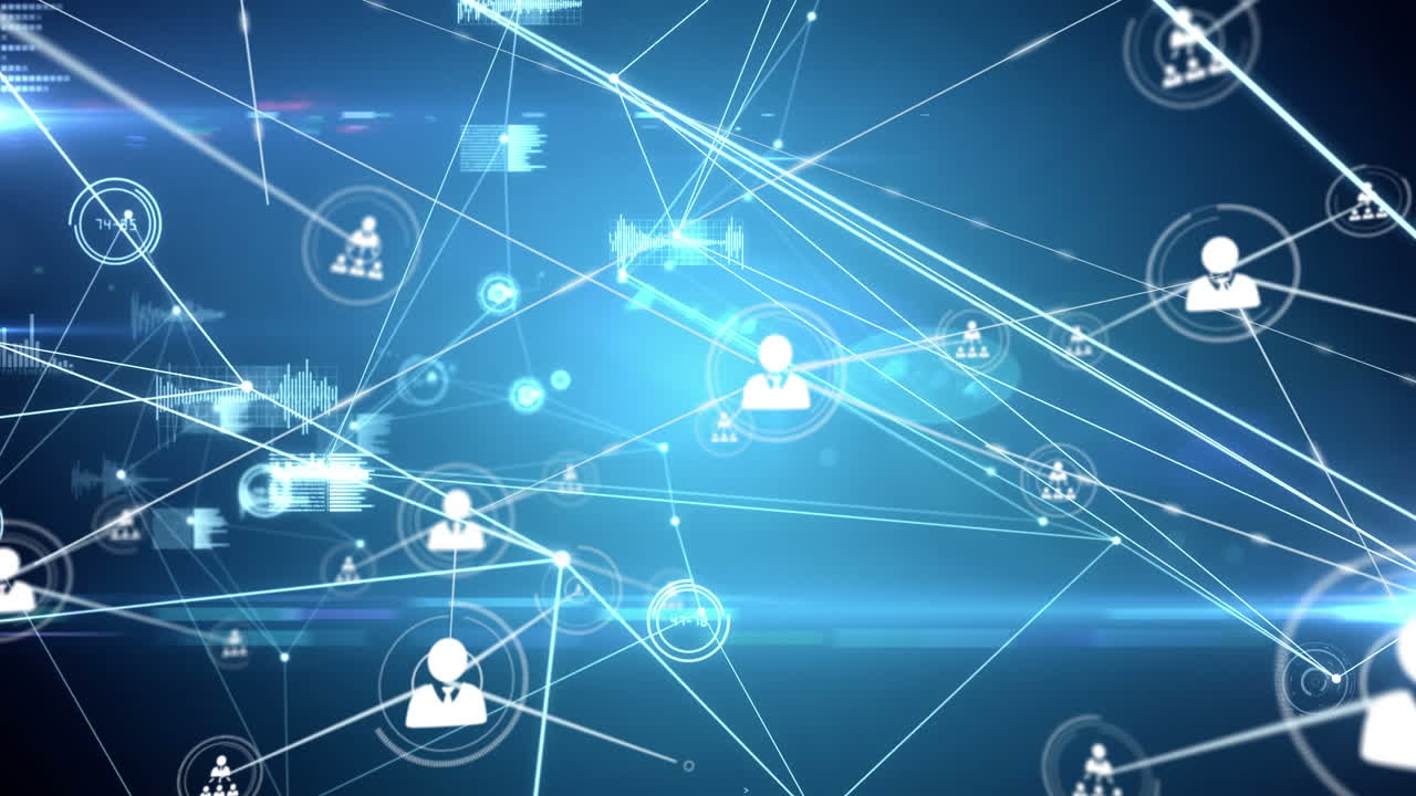 파란색 배경 위에 아이콘으로 연결 네트워크의 애니메이션