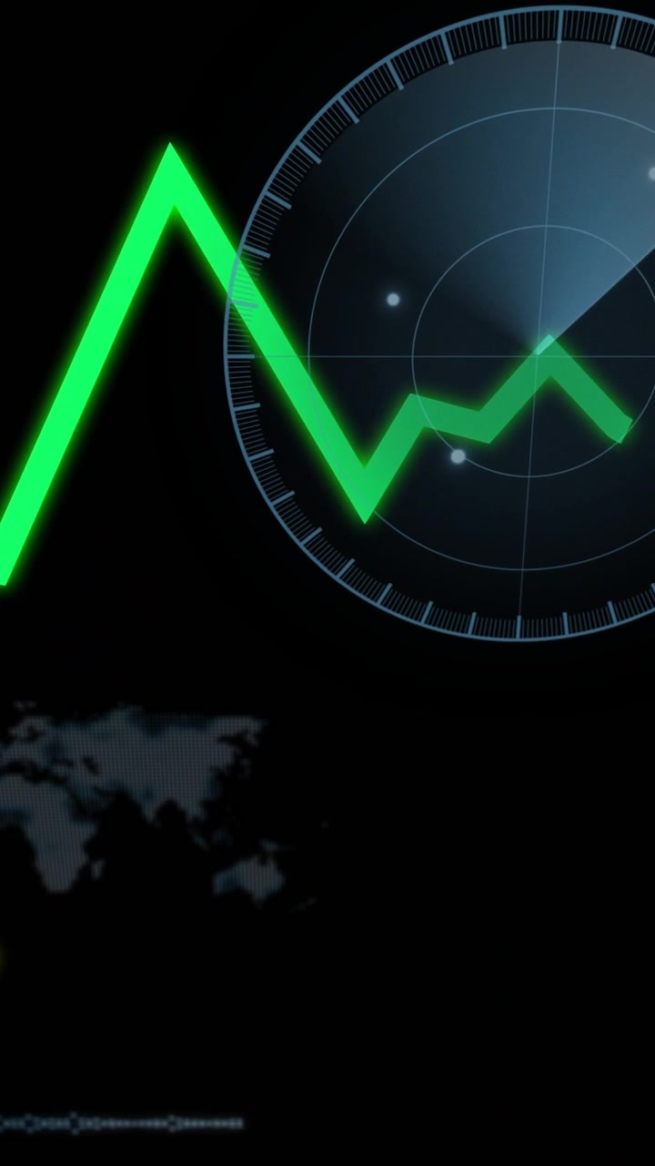 Video verticale: Linea di grafico al neon che cresce su un HUD su un ping di dati, con un radar che scansiona e mostra una tendenza.
