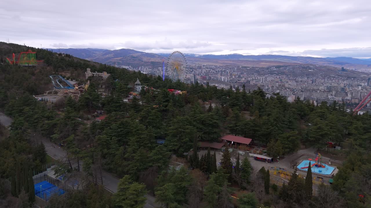Aerial View Of Mtatsminda Park, Rides At The Hilltop Amusement Park In Tbilisi, Georgia.