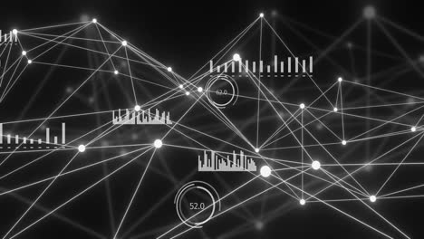 Animation-of-bright-white-network-and-data-processing-over-distant-network-on-black-background