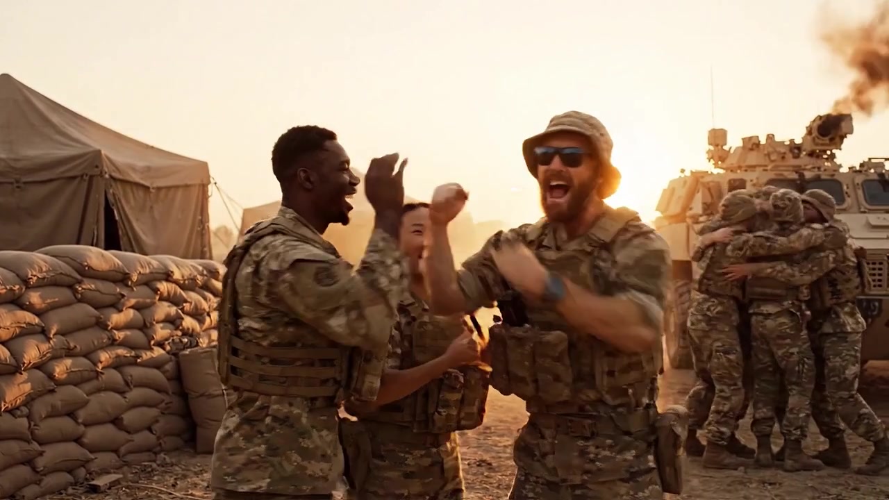Le truppe celebrano il successo: momenti gioiosi di cameratismo tra i soldati in un campo militare al tramonto, che segnano un significativo traguardo comune.