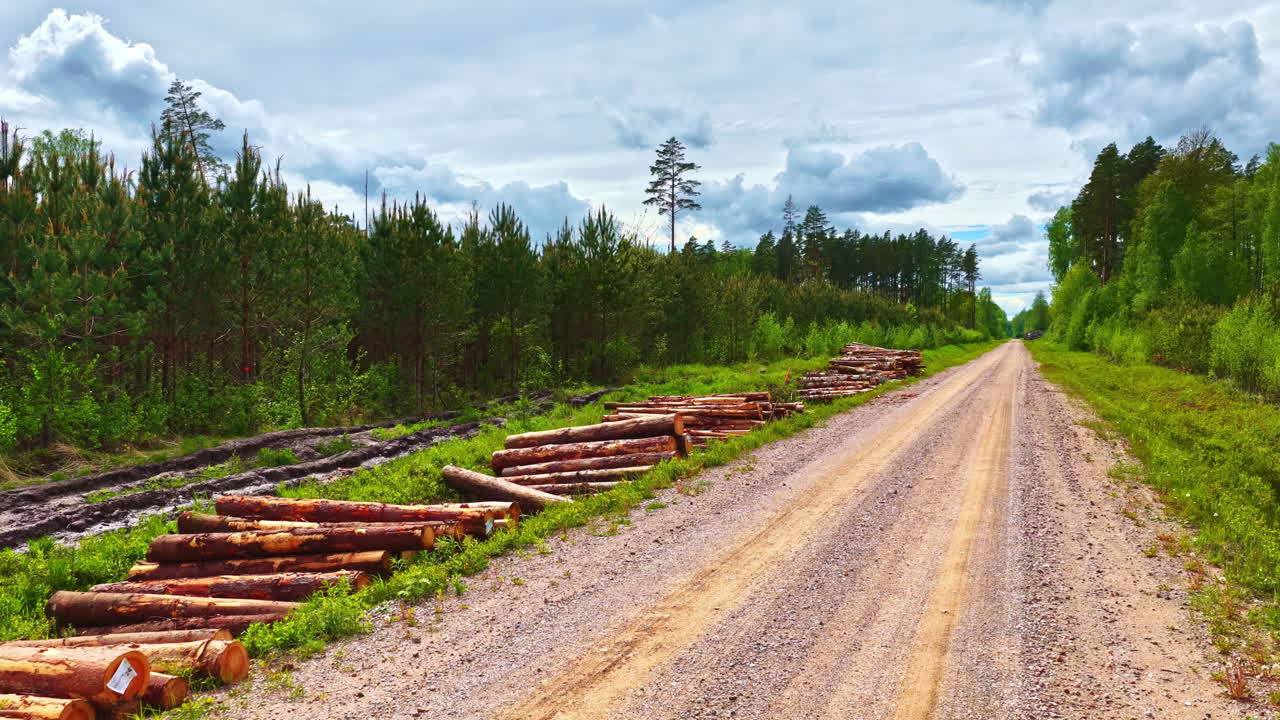 Timber wood pile woodwork deforestation empty dirt road materials renewability ecological