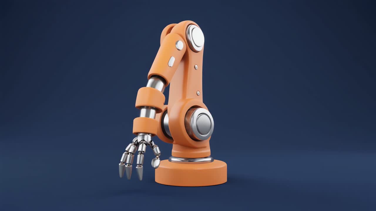 Cánh tay robot màu cam hoạt hình 3D đang di chuyển trên nền xanh dương