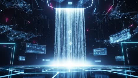 a futuristic digital realm with cascading data streams and interactive technology on display in a neon-illuminated cybernetic environment
