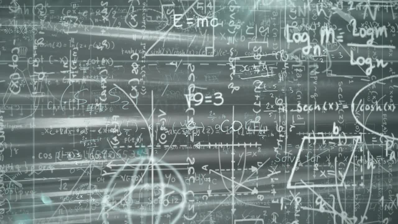 Math board showing algebraic, trigonometric and logarithmic formulas in flat design with glow