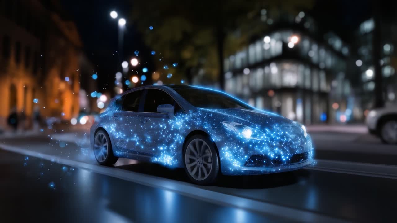 Un'auto futuristica illuminata con effetti scintillanti su uno sfondo notturno che mette in mostra il design avanzato e la tecnologia innovativa nei contenuti visivi del settore automobilistico
