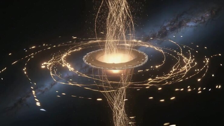 Toro pulsante che stringe una colonna intrecciata e attira capsule verso il nucleo nello spazio, fascia a spirale
