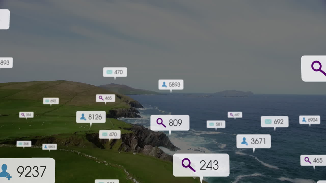 Animation of social media icons and data processing over sea