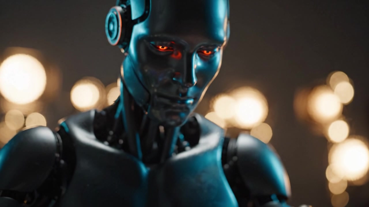 Robot futuristico interagisce con uno strumento musicale, mostrando robotica avanzata e design espressivi in un ambiente ad alta tecnologia ideale per l'innovazione e la creatività.