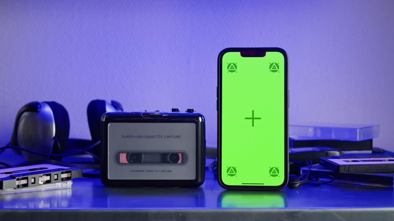 Vintage Cassette Player and Smartphone with Green Screen