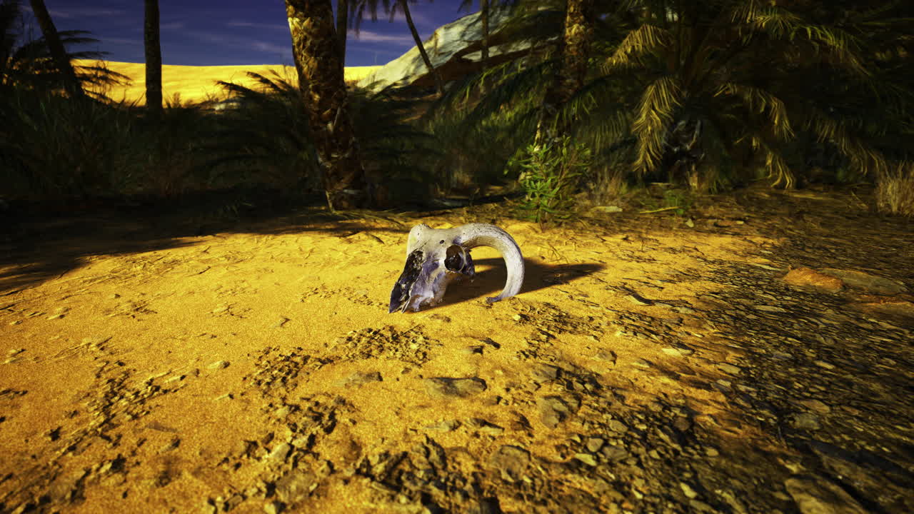 Mystery skull discovered in a desert landscape surrounded by palm trees