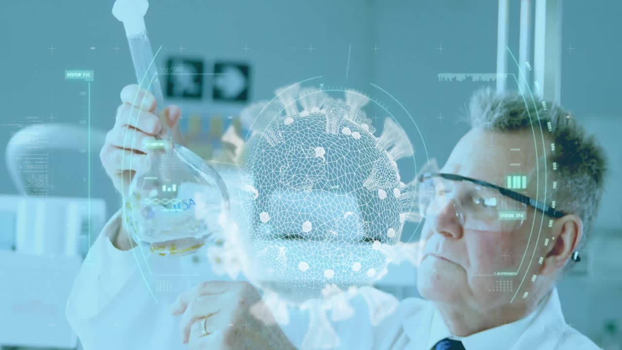Scope scanning over Covid-19 cell against male scientist working in laboratory