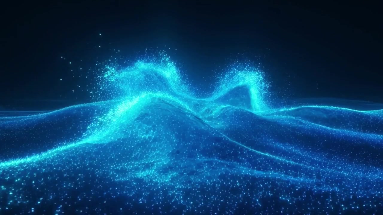 Abstract Blue Glowing Particle Waves Flowing in Dark Space
