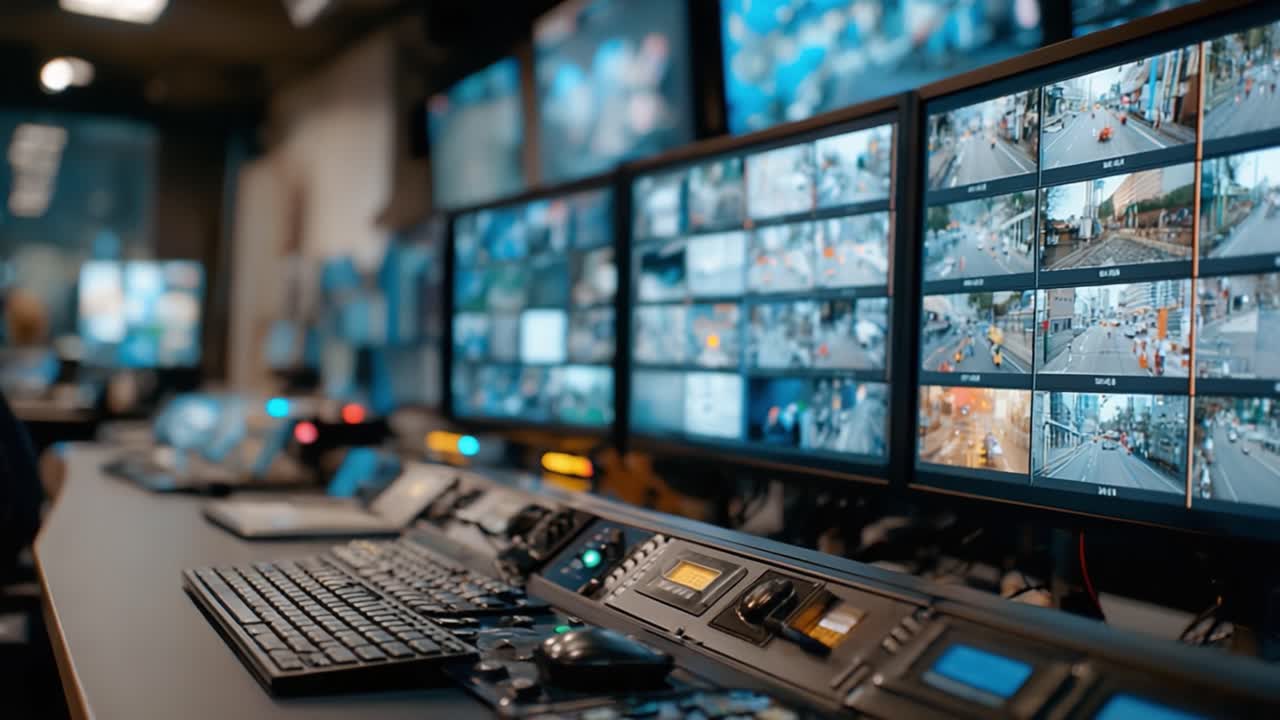 Una sala di sorveglianza ad alta tecnologia con monitor multipli che visualizzano filmati in diretta, mostrando capacità di monitoraggio avanzate in un ambiente di centro di controllo.