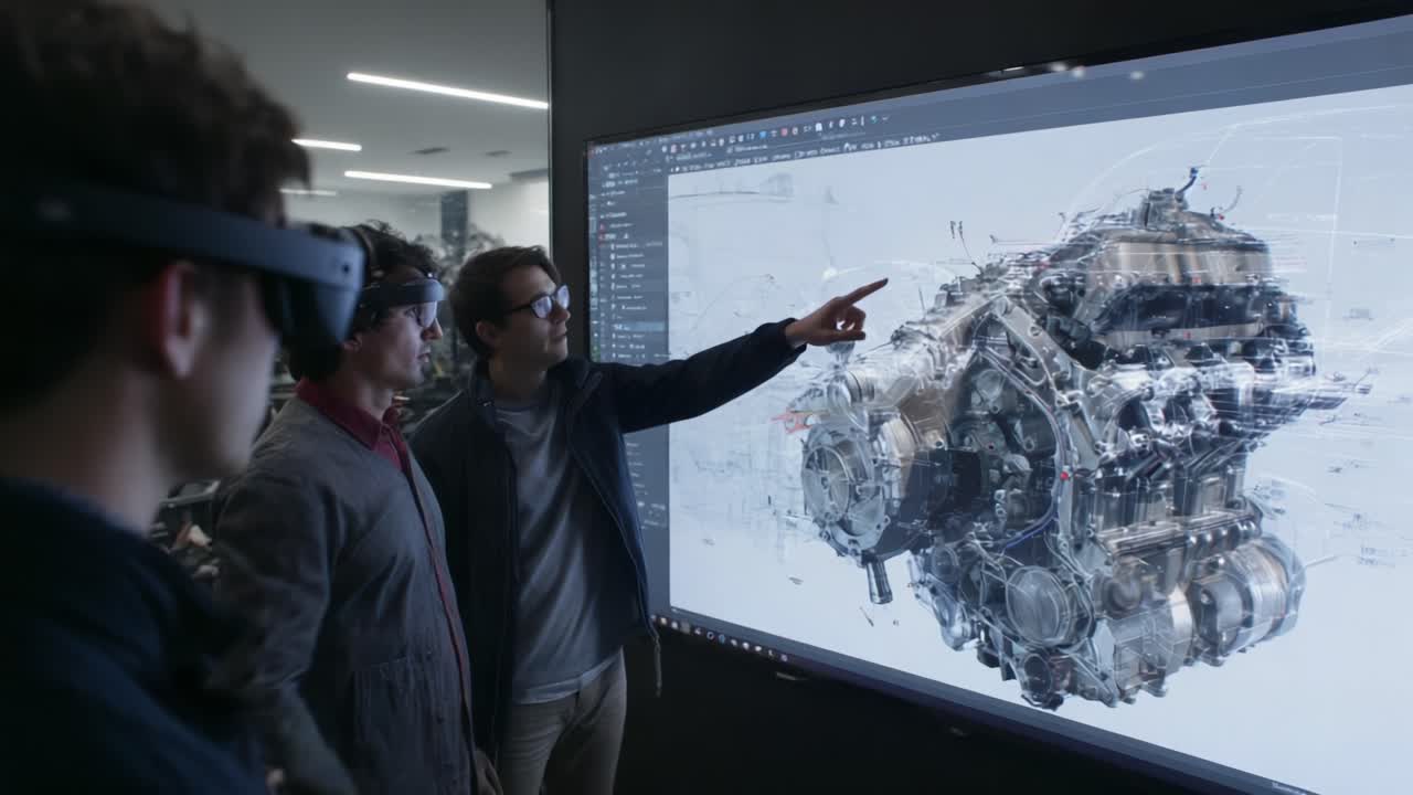 Engaging Collaboration in Virtual Reality: Two Individuals Analyze an Interactive 3D Model of an Engine on a Large Screen While Utilizing Advanced Technology for Enhanced Understanding
