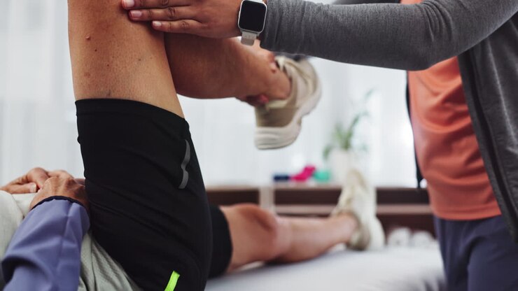 Hands, stretching leg or physiotherapy