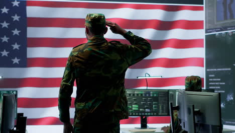 american military personnel supervising cyber war activity in high tech office