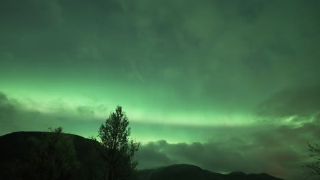 emerald green lights and flashes of aurora borealis dominate the night sky