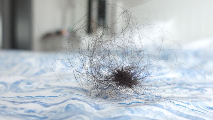 A clump of hair on a bed sheet
