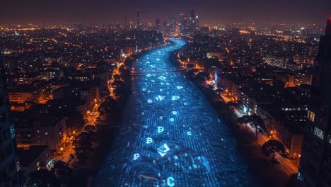 a stunning nighttime view of a cityscape illuminated by reflective binary code and cryptocurrency symbols flowing along a river