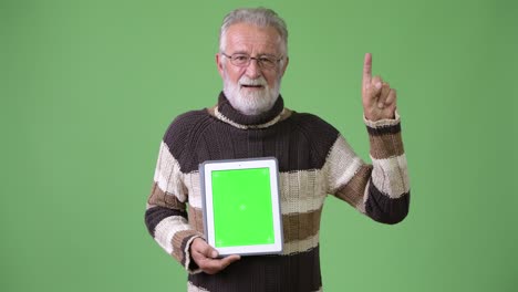 hombre barbudo y guapo con ropa cálida contra un fondo verde