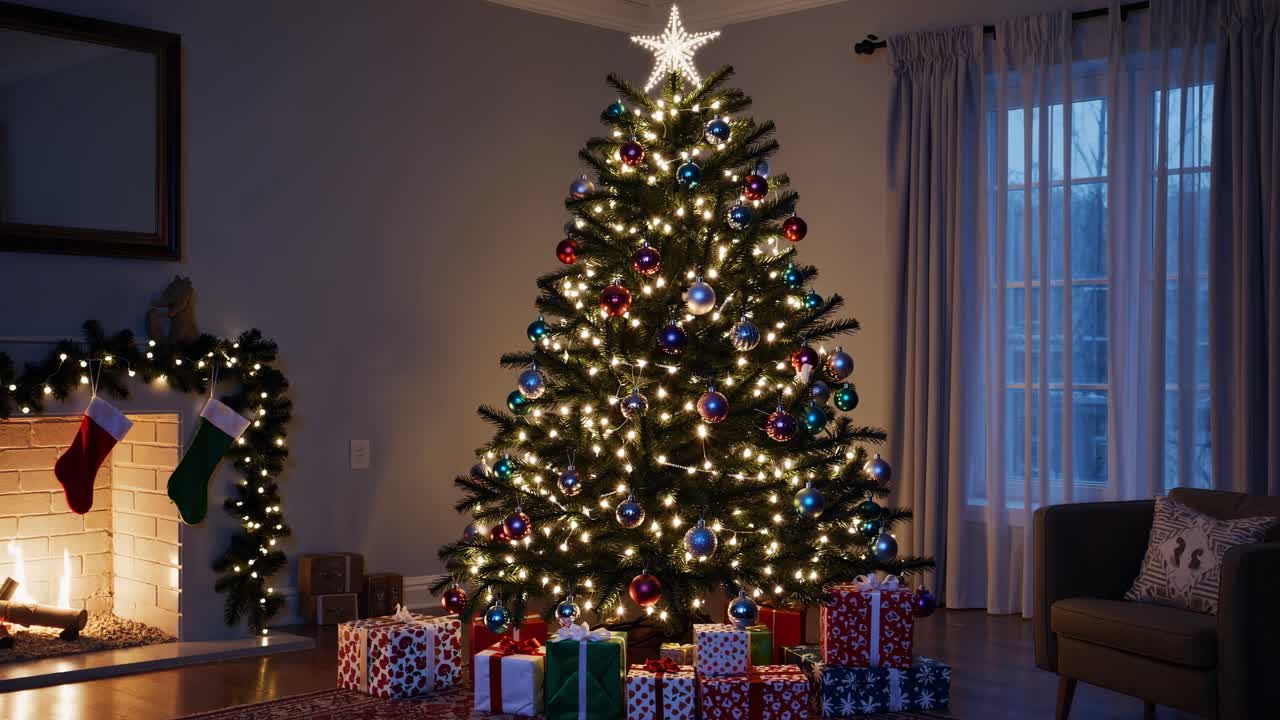 Cozy holiday scene with a decorated Christmas tree and gifts by a fireplace