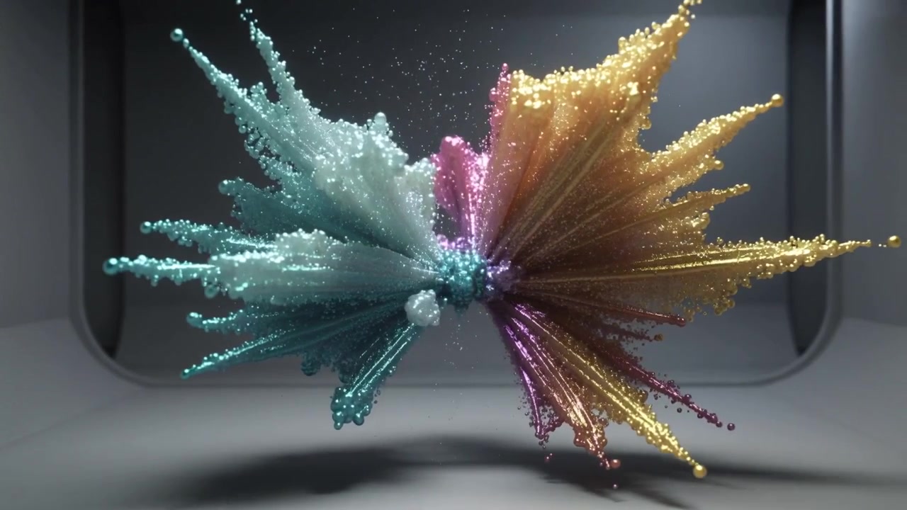 Collapsing torus particle sculpture forming teal left gold right lobes with pink core in studio