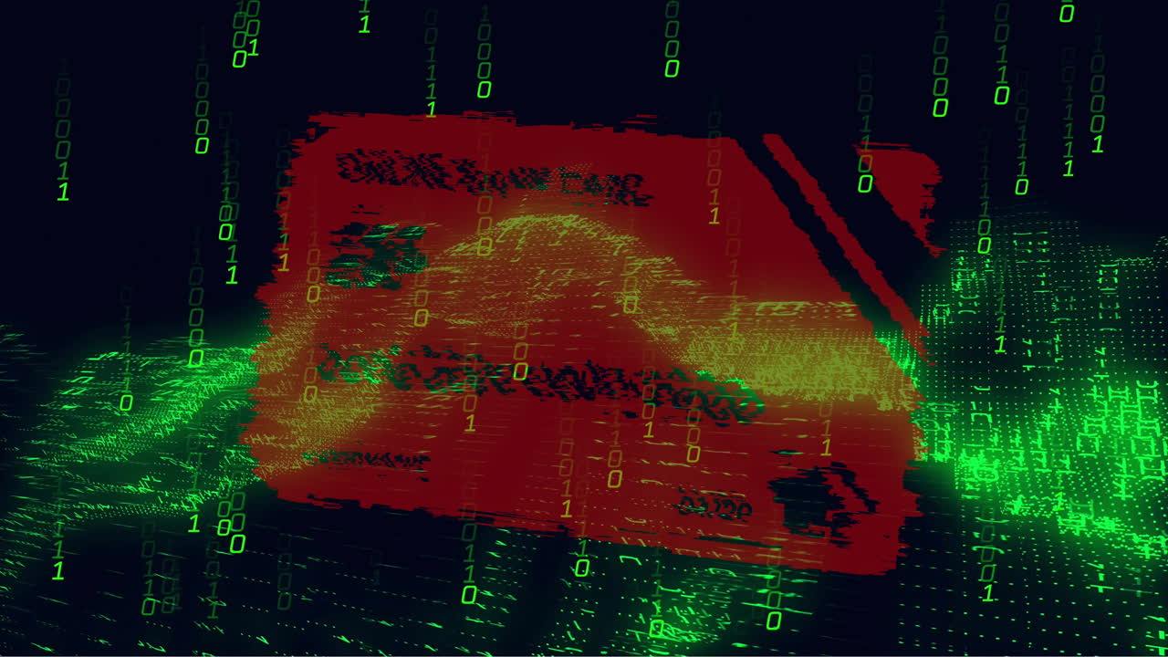 Animation of credit card, binary coding and data processing over computer servers