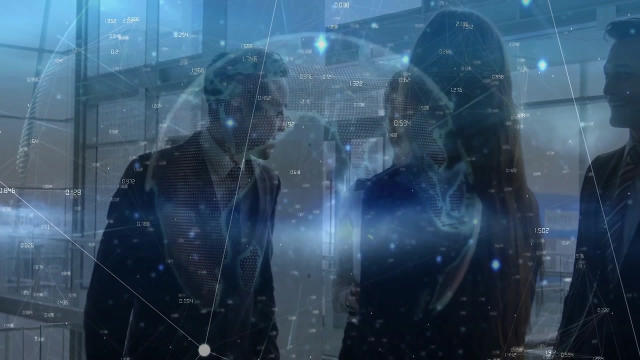 Businessman entering lobby showing network globe as assistant presenting tablet causing globe fade