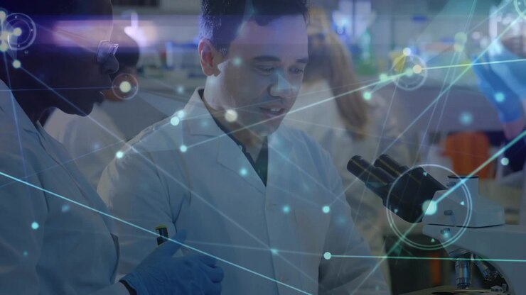 Animation of network of connections over diverse scientists in laboratory