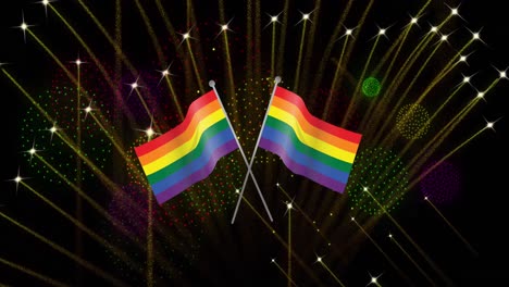 Animation-of-pride-rainbow-flags-and-fireworks-exploding-on-black-background