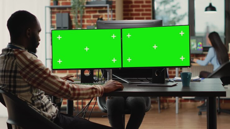 Esperto IT professionista che analizza il green screen su più monitor