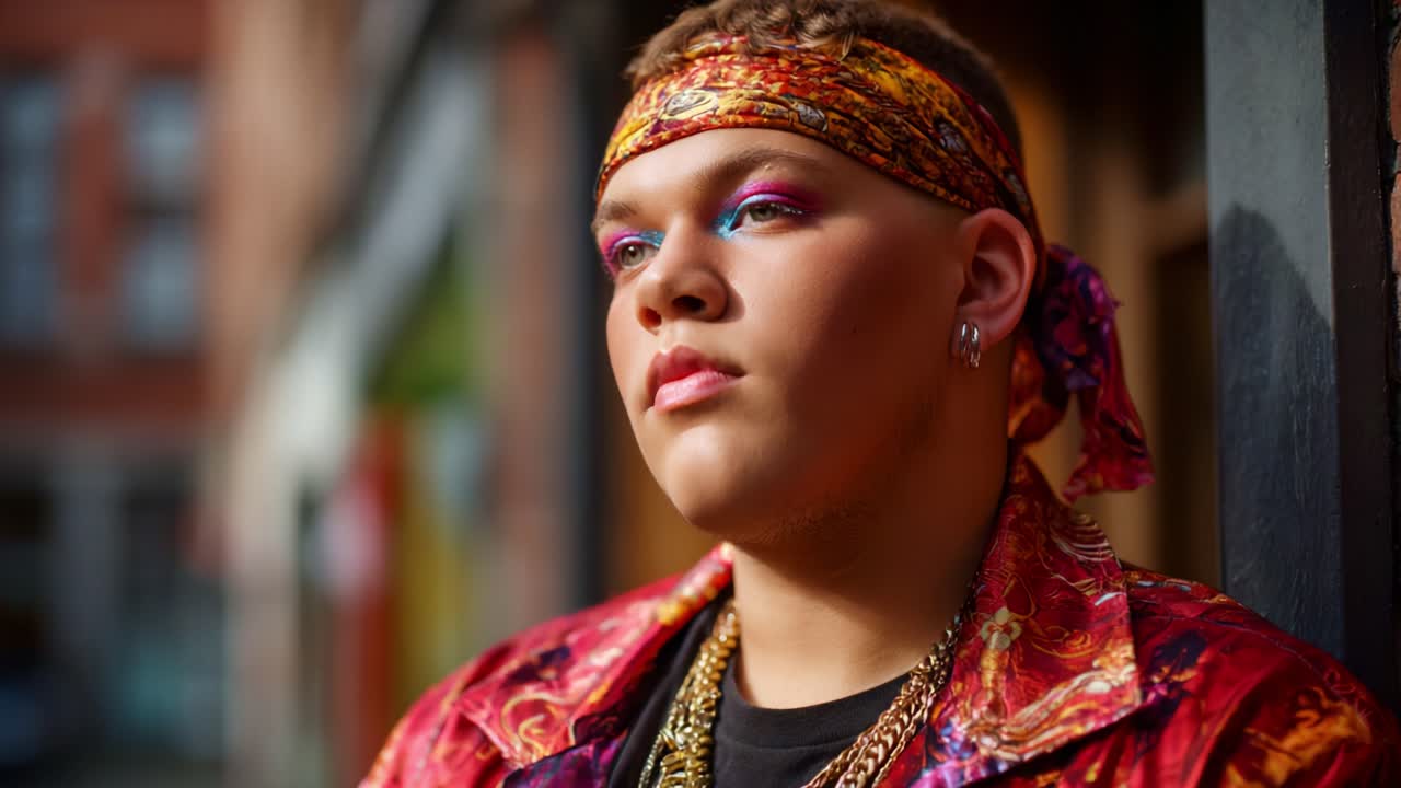 Boeiend portret van een jong persoon met gedurfde mode en opvallende make-up, waarbij zelfvertrouwen en een unieke stijl worden getoond in een levendige, stedelijke omgeving