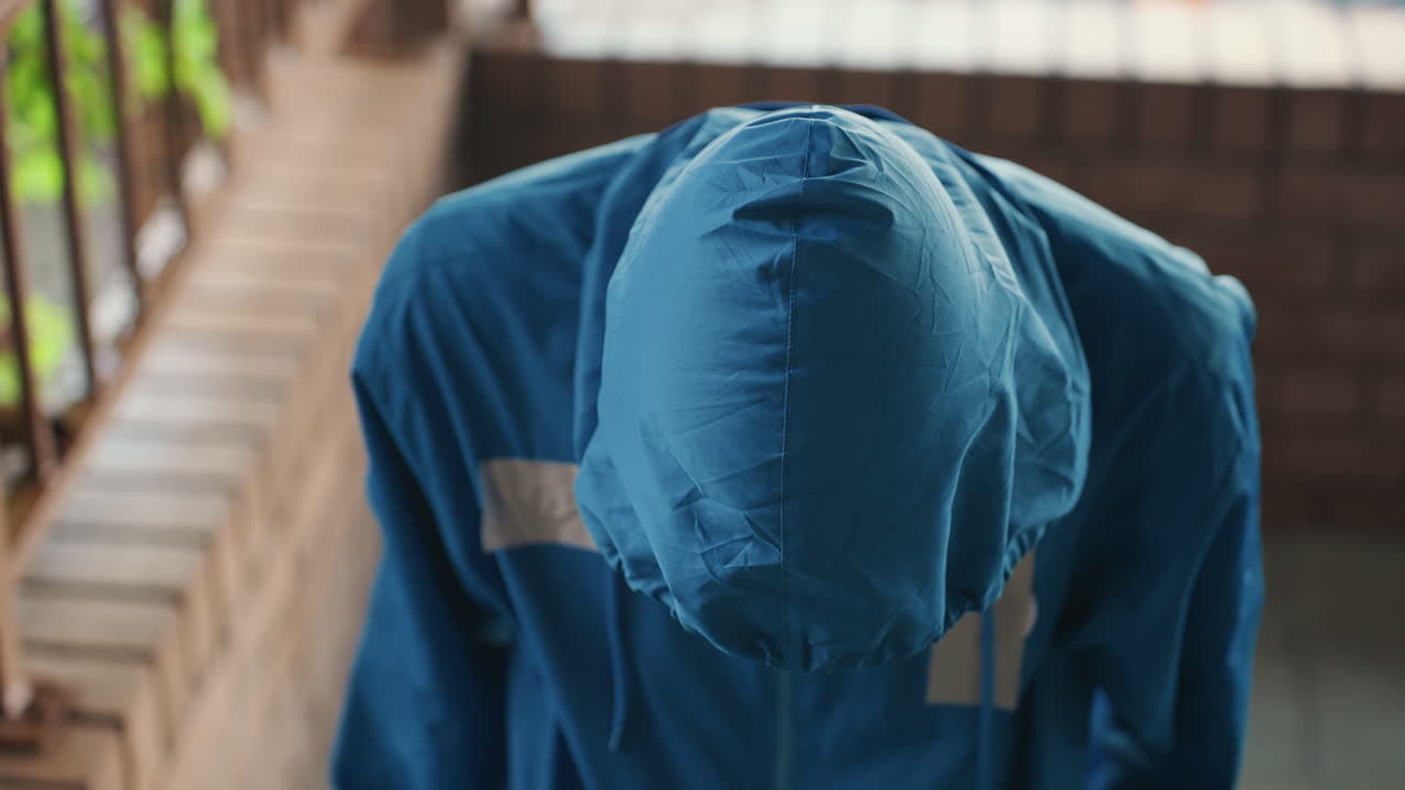 hombre blanco con la capucha puesta bajo la lluvia, ajustándose el paravientos impermeable en un balcón de ladrillo, con la capucha subida y luego bajada para revelar la cabeza rapada, tela y gotas húmedas, expresión tranquila y contemplativa, los fotogramas sugieren