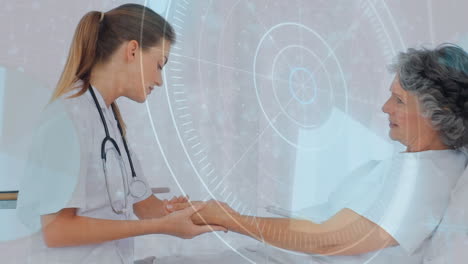 animación de radar sobre una doctora caucásica hablando y comprobando el pulso del paciente