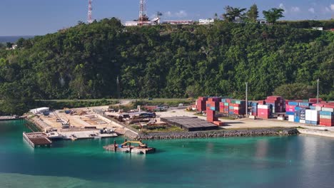 aerial view of a port construction site on a tropical island
