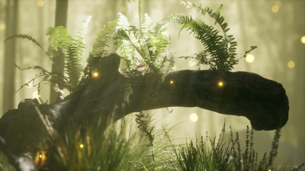 горизонтально изгибающийся ствол дерева с растущими папоротниками и сияющим солнечным светом