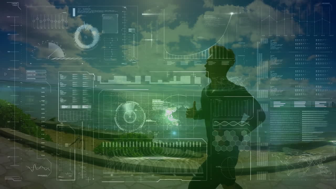 Animation of african american fit man running and data processing