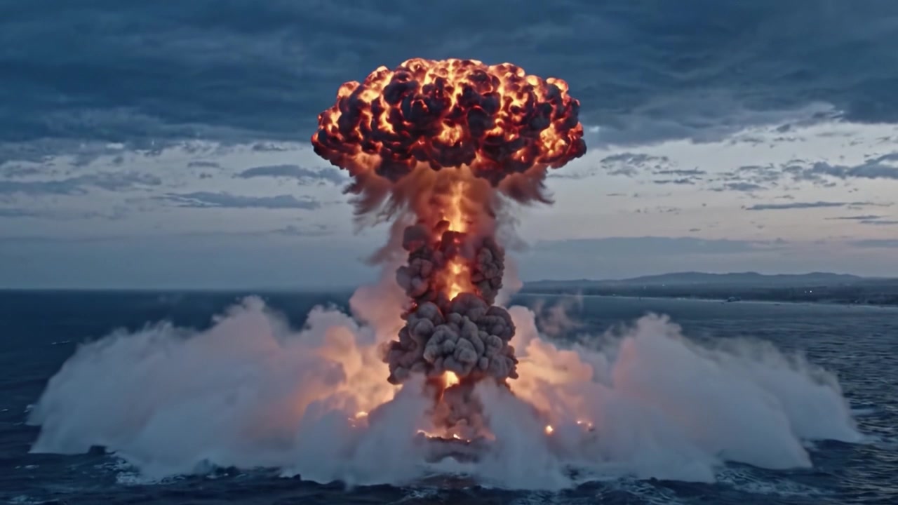 Dramatisk eksplosion over havet: Et spektakulært udtryk for kraft og styrke med et flammende udbrud og stigende røg, der danner en imponerende paddehattesky