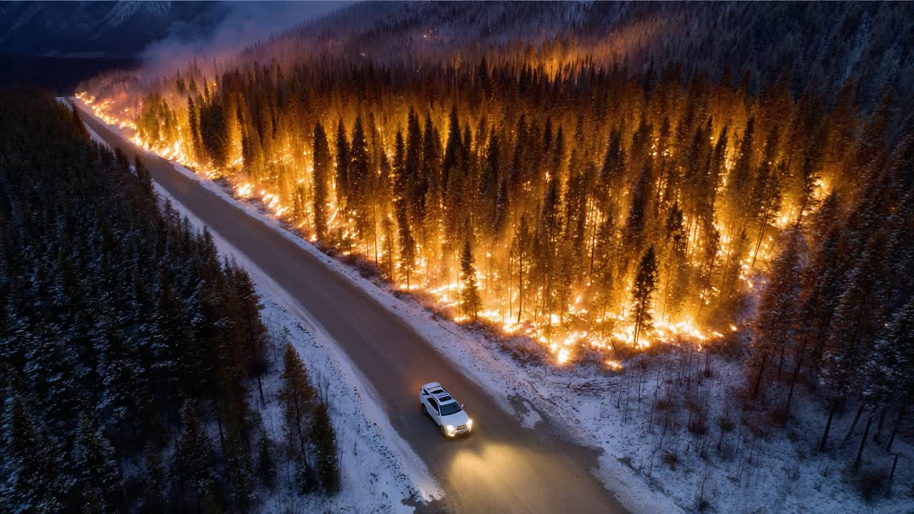 Aerial View of a Forest Fire Engulfing Trees Alongside a Remote Road, Illuminated by Flames Against the Darkening Sky and Snowy Landscape