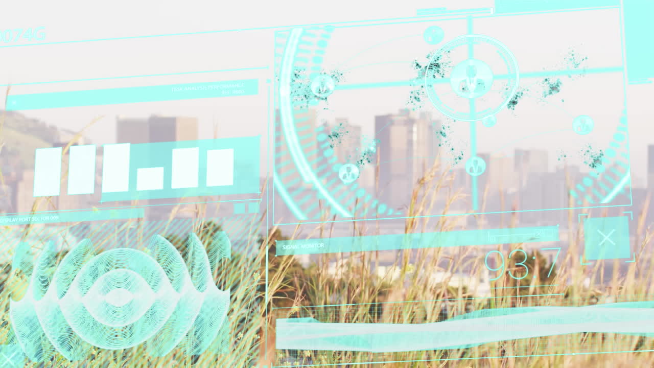 잔디와 도시 풍경에 대한 범위 스캔과 데이터 처리의 애니메이션