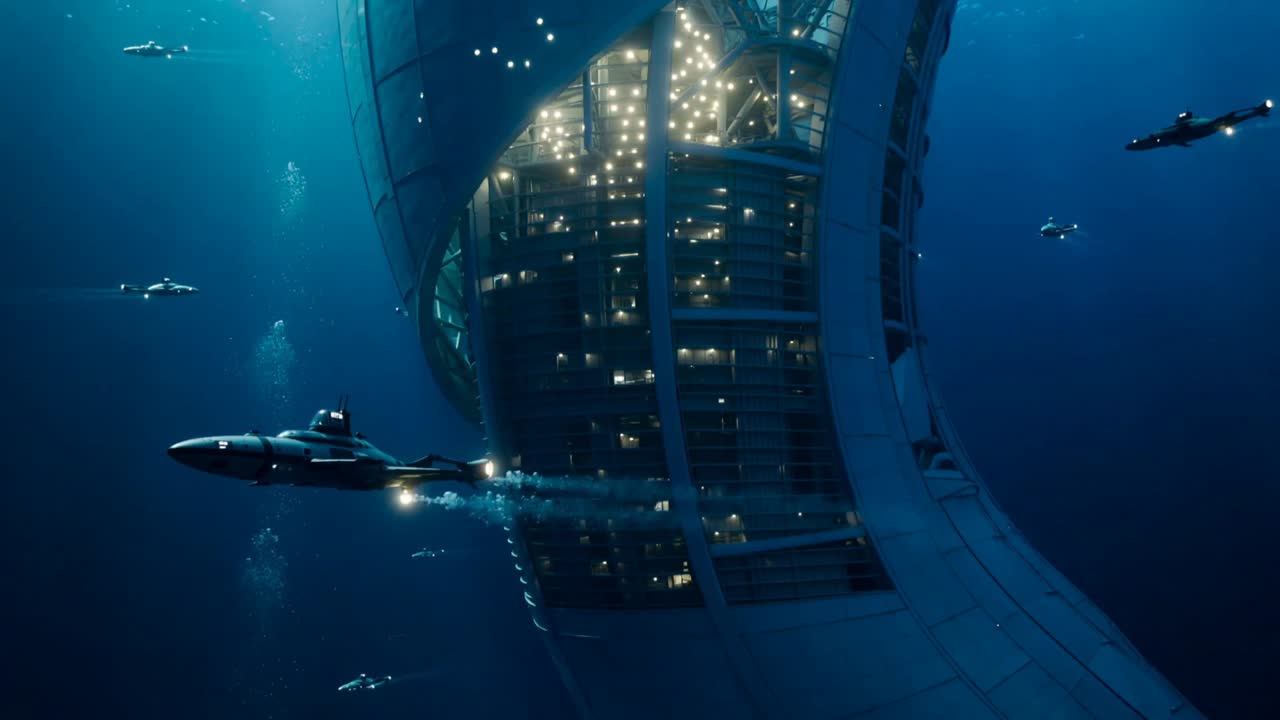 Approaching torpedo craft entering from left and transiting near lit ring underwater, leaving plume