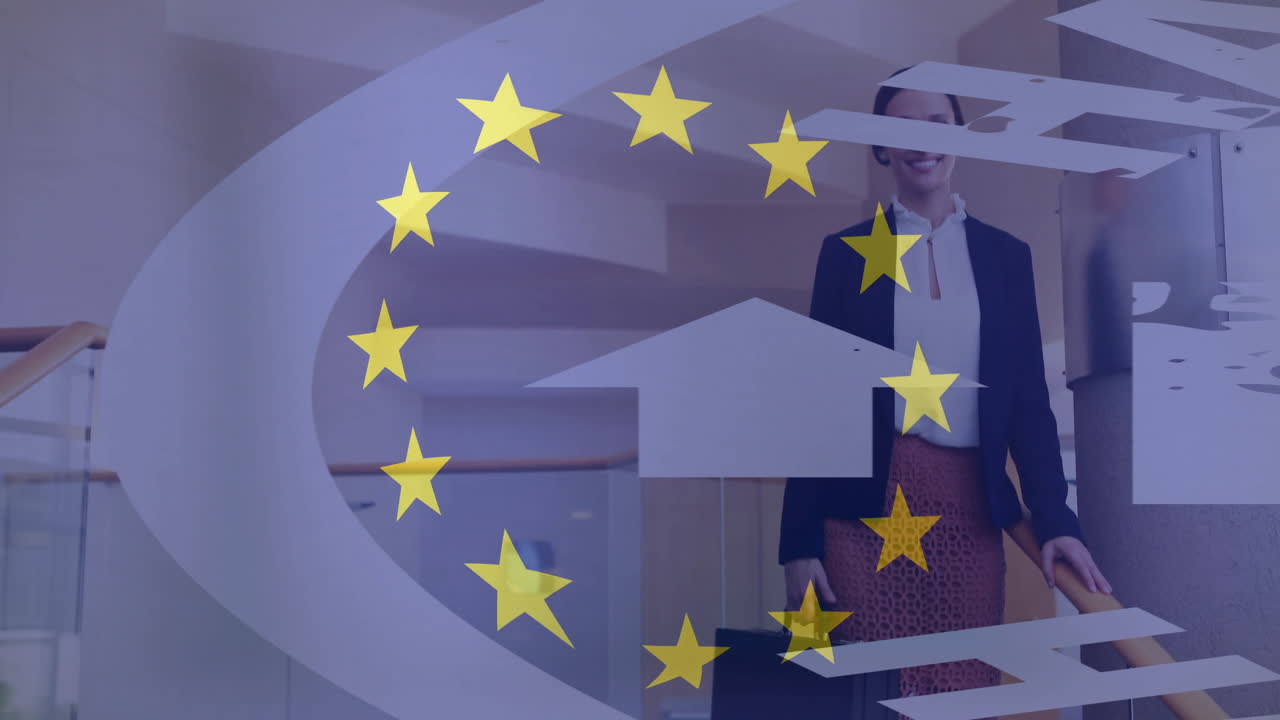 Holding suitcase, businesswoman in modern office with European Union stars animation
