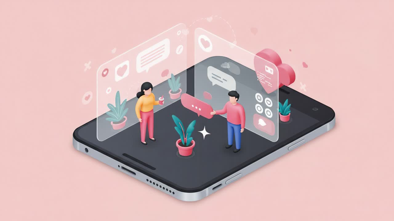 A Vibrant Digital Interaction: Two Characters Engaging in Conversation Through a Smart Device Surrounded by Plants and Colorful Graphics