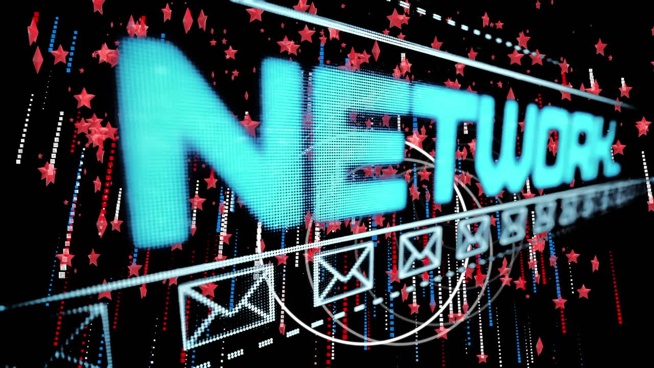 animación de la red social de texto y iconos de correo electrónico sobre estrellas y puntos rojos, blancos y azules que caen