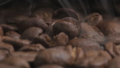 Slow-motion-macro-shot-of-smoking-hot-organic-coffee-beans,-dropping-onto-a-cooling-tray-after-roasting