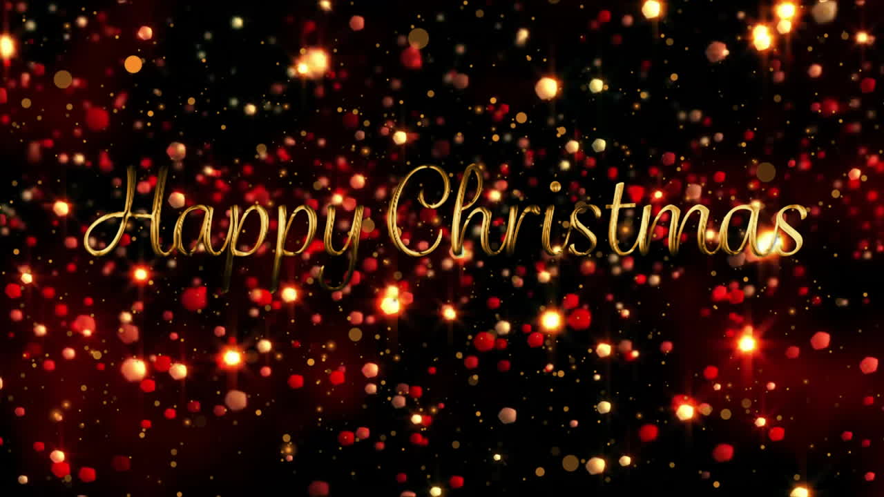 Animation of happy christmas text over glowing lights on black background