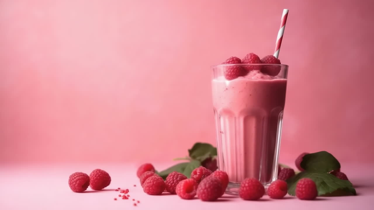 Raspberry Smoothie with Fresh Berries on Pink Background