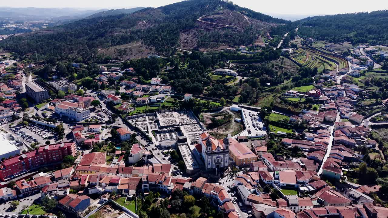 aerial view of Igreja Matriz de Valongo Portugal framed by clustered homes